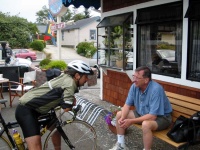 Mayor Bob Ornelas and the Mayor of Trinidad brainstorming bikeracks for the town that are functional and appealing to the eye.