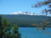 Snow covered Diamond Peak with Odell Lake in the foreground. We are almost to Willamette Pass.

